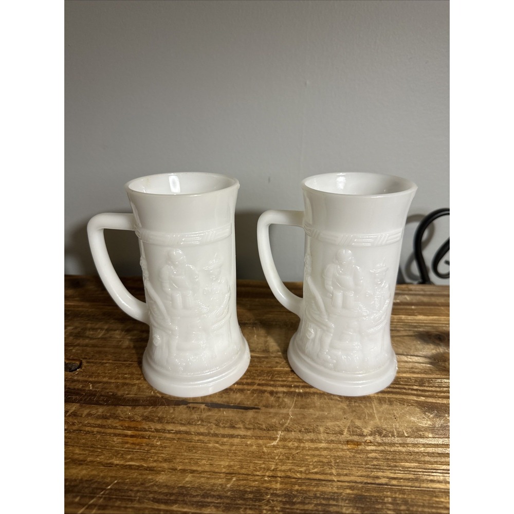 Vintage 2 Federal Milk Glass Beer Steins Tankards Mugs EMBOSSED Tavern‎ Scene